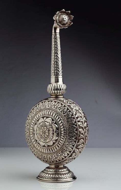 A traditional silver rose water sprinkler... Pooja Silver Items, Silver Puja Items, Antique Crockery, Silver Utensils, Puja Items, Silver Articles, Silver Ware, Pooja Decor, Indian Antiques