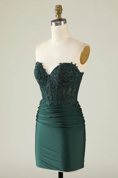 Strapless Dark Green Short Cocktail Dress with Beading Corset Homecoming Dress, Prom Dresses Sparkly, Sparkly Prom Dresses, Green Homecoming Dresses, Floral Prom Dresses, Tight Mini Dress, Strapless Corset, Short Homecoming Dress, Short Cocktail Dress