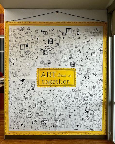 Collaborative Classroom Door, Open House Art Ideas, Collaborative Art Bulletin Boards, Fun School Bulletin Board Ideas, Large Collaborative Art Project, Doodle Bulletin Board, Community Art Ideas, Doodle Art On Wall, Art Room Ideas Classroom