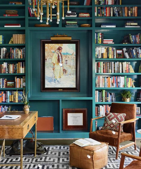 Jewel Tone Home Library, Colourful Study Room, Mountain Office Design, Jewel Tone Library, Blue Home Library, Teal Library, Funky Library, Green Library Room, Colourful Library