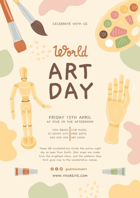 Creative Pastel Art Day Event Poster Event Poster Design Illustration, Art Flyer Ideas, Invitation For Art Exhibition, Poster For An Event, Art Sale Poster, Painting Event Poster, Art Fair Poster Design, Canva Event Poster, Art Contest Poster