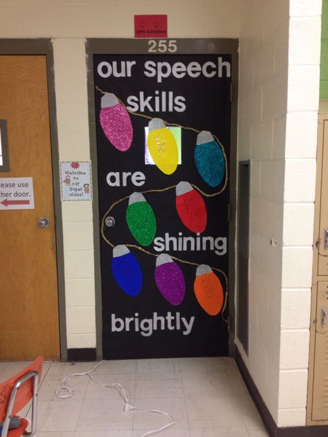 Speech door, filament and whole glittered Christmas lights Speech Room Door Ideas, Speech Therapy Christmas Door Decoration, Speech Christmas Door, Winter Speech Bulletin Boards, Slp Door Decorations, Speech Therapy Christmas Door, Speech Therapy Door Decor, Speech Door Decorations, Speech Therapy Door Decorations