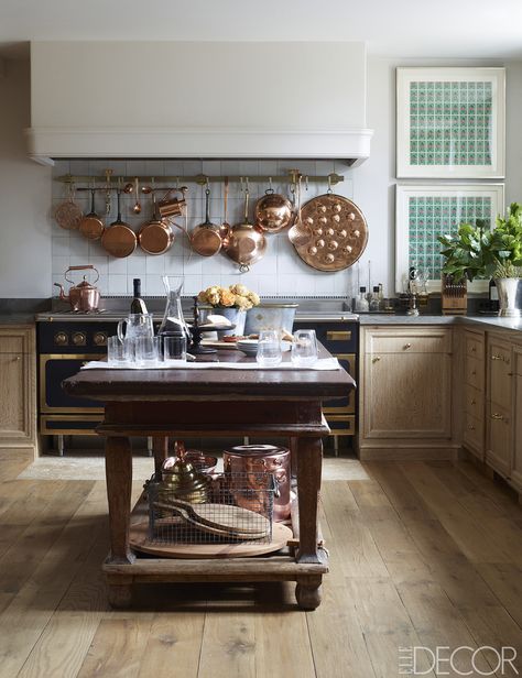 The kitchen at Emma Jane Pilkington's Connecticut home features a Diva de Provence range and antique wood floors from Baba. The circa-1700 Swedish table serves as the central island. - ELLEDecor.com Cerused Wood, Limestone Countertops, Interior Minimalista, All White Kitchen, Classic Kitchen, Oak Kitchen, Kitchen Trends, French Country House, Unique Kitchen