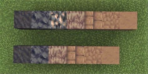 A gradient of minecraft blocks in row from the dark Mud block to light tan mushroom blocks. The order of the gradients is mud, basalt, deepslate iron ore, dripstone block, mud bricks, packed mud, and lastly brown mushroom block. Brick Minecraft, Minecraft Gradient, Minecraft Brick, Minecraft Structures, Minecraft Blocks, Minecraft Interior Design, Cool Minecraft Creations, Diy Minecraft, Minecraft Medieval