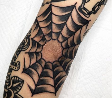 American Trad Spider Web, Old School Web Tattoo, Traditional Cobweb Tattoo, Spiderweb Elbow Tattoo Traditional, Spiderweb Knee Tattoo Traditional, Old School Spider Web Tattoo, Knee Web Tattoo, Traditional Web Tattoo, Web Tattoo Traditional