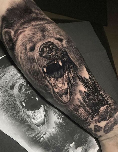 Grizzly Bear Tattoos, Big Tattoos, Bear Tattoo Designs, Animal Sleeve Tattoo, Petit Tattoo, History Tattoos, Tattoo Inspiration Men, Bear Tattoos, Bear Tattoo