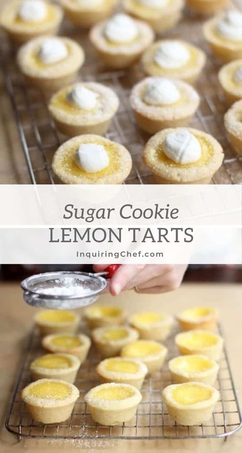 You'll love these simple, fresh lemon tarts with no finicky crusts. Just bite-sized lemony-goodness with a sweet cookie crust. Easy Lemon Tarts, Cookie Tarts Recipes, Lemon Tarts Mini Easy, Lemon Tarts Mini, Lemon Cookie Cups, Easy Tarts, Cookie Tarts, Tart Cookies, Mini Lemon Tarts