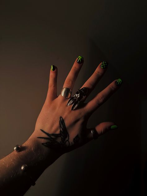 Men’s nails , flames , checker board , green and black , lightning nail design  mens Flame Nails Men, Green Flame Nails, Mens Nail Art, Nail Art Green, Masculine Women, Men Nail, Men Nail Polish, Goth Guy, Flame Nail Art