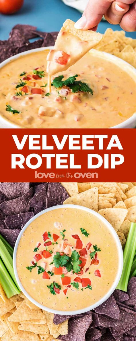 Velveeta Rotel Dip (Easy Cheesy Queso) - Love From The Oven Mexican Queso Dip Velveeta, Rotel And Velveeta Dip Crock Pots, Nacho Cheese Sauce Velveeta Rotel, Velvets Cheese Queso, Velvets Dips Appetizers, Nachos Velveeta Cheese, Velvets Nacho Dip, Rotel Recipes Dip, Velveeta Nacho Dip