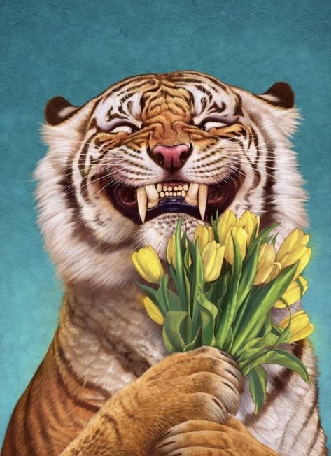 Holding Bouquet, Wal Art, Tulips Art, 강아지 그림, Tiger Art, A Tiger, 그림 그리기, Big Cats, Aluminum Wall Art