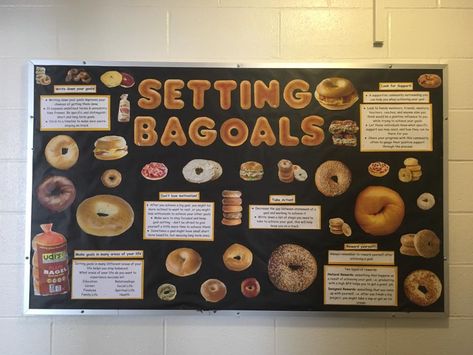 Reused my bagel theme from last year - setting goals bulletin board. This actually won an OTM award Bulletin Board of the Month for January 2018! peer mentor, ra, res life, reslife, residential life, bulletin boards, resident advisor, resident assistant, residential life, residence life, umass amherst Goal Setting Ra Bulletin Board, Awards Bulletin Board Ideas, January Resident Event Ideas, Resident Advisor Bulletin Boards, Resident Advisor Ideas, College Bulletin Boards Residence Life, Residence Life Programs, Ra Board Ideas, Resident Assistant Boards