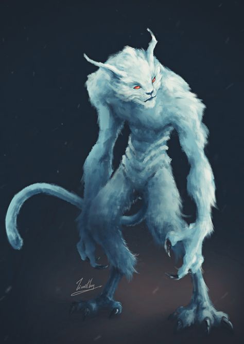 Snow Katt, on ArtStation at https://www.artstation.com/artwork/RnV9Be Winter Monster Concept Art, Snow Monster Fantasy Art, Dnd Snow Monsters, Snow Elemental, Ice Creature, Snow Spirit, Winter Monster, Snow Creatures, White Creature