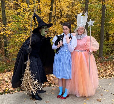 People dressed as the Wicked Witch, Dorothy, and Glinda the Good Witch from the Wizard of Oz Glinda Elphaba Dorothy Costume, Dorothy Glinda And Elphaba Costume, Dorothy And Glinda Costume, Glinda The Good Witch Costume, Elphaba Costume, Wizard Of Oz Costumes, Glinda And Elphaba, Glinda Costume, Birks Outfit