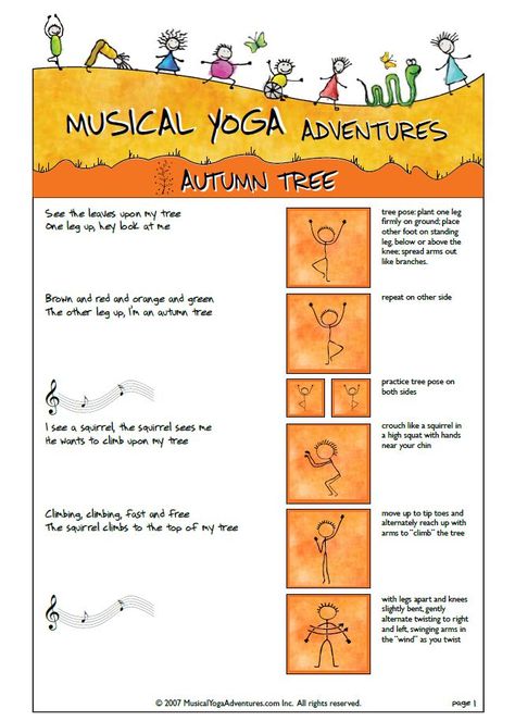 yoga autumn tree from Musical Yoga Adventures Yoga Autumn, Preschool Yoga, Toddler Yoga, Kid Yoga, Kid Yoga Lesson Plans, Yoga Lesson Plans, Fall Books, Yoga Kids, Childrens Yoga