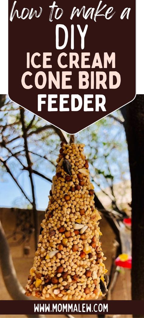 ice cream bird feeder Ice Cream Cone Bird Feeder, Diy Ice Cream Cone, Bird Feeders For Kids To Make, Winter Bird Feeders, Pine Cone Bird Feeder, Bird Suet, Bird Feeder Craft, Bird Seed Ornaments, Easy Bird