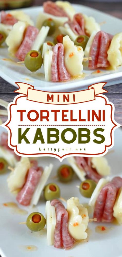 Mini Tortellini Kabobs, football appetizers, game day food Appetizer Screwers, Easy Antipasto Skewers, Antipasto Skewers With Tortellini, Mini Kabobs, Tortellini Kabobs, Skewer Ideas, Memorial Day Food, Easy Kabobs, July Appetizers