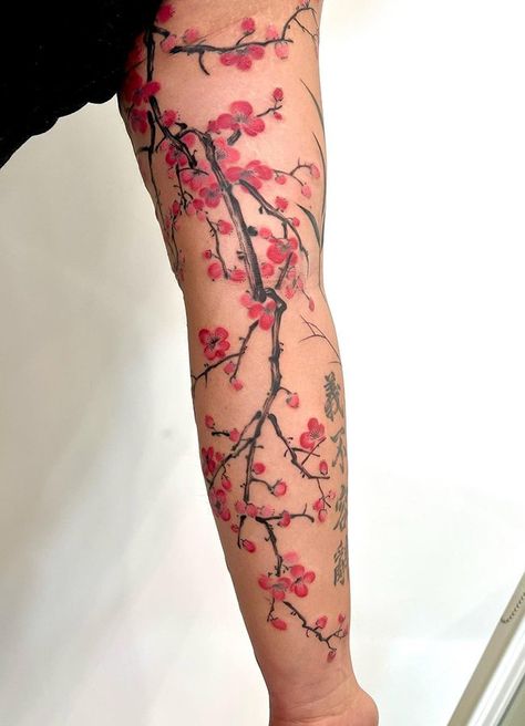 100 Elegant Cherry Blossom Tattoos (Most Unique Gallery) - The Trend Scout Cherry Blossom Tattoo Men Arm, Cherry Blossom Full Sleeve Tattoo, Men’s Cherry Blossom Tattoo, Cherry Blossom Leg Tattoo Men, Cherry Blossom Sleeve Tattoo Men, Men Cherry Blossom Tattoo, Japanese Cherry Blossom Tattoo Men, Korean Cherry Blossom Tattoo, Cherry Blossom Tree Tattoo On Arm