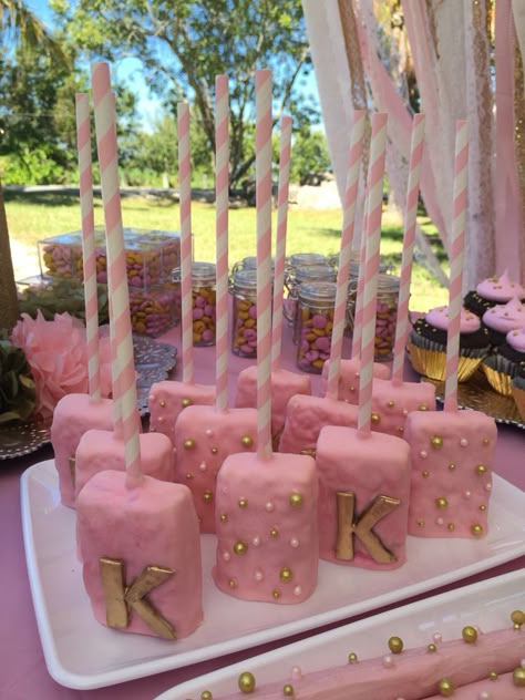 Gabbys bday Pink And Gold Birthday Party, Anniversaire Diy, Gold Birthday Party, Sweet 16 Birthday Party, Gold Baby Showers, Shower Food, Baby Shower Princess, Crispy Treats, Candy Table