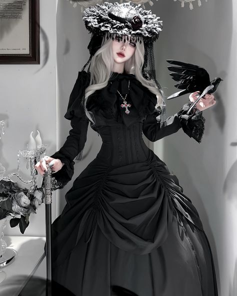 🖤Gothic Lolita outfit: juliette sleeves top, jabot collar, floral hairclip and drawstring skirt. 👉Search 'TFTWH-001' on devilinspired.com #devilinspired #gothic #gothicfashion #gothicgirl #lolitacoord #lolitafashionstyle Jabot Collar, Lolita Outfit, Drawstring Skirt, Witch Dress, Lolita Outfits, Vintage Romance, Dark Gothic, Gothic Girls, Sleeves Top