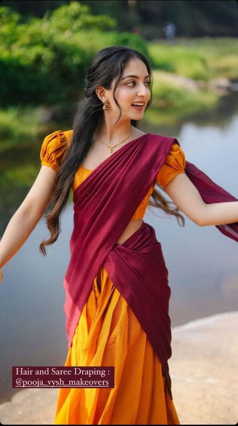 Half Saree Styling, Half Saree Kerala Style, Half Saree Photoshoot Poses, Half Saree Poses, Saree Photoshoot Poses, Half Saree Photoshoot, Half Sari, Saree Shoot, Saree Model