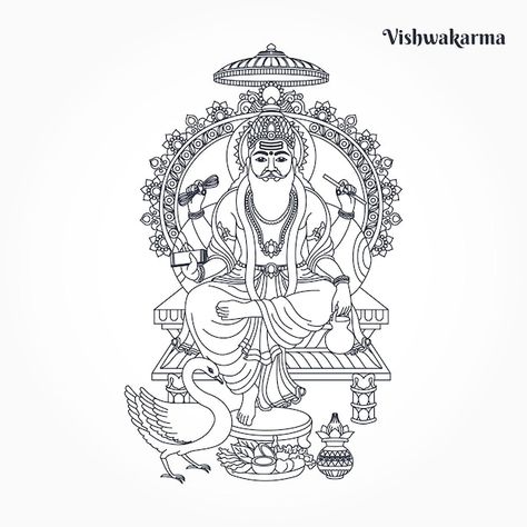 Hindu god vishwakarma an architect and d... | Premium Vector #Freepik #vector Vishwakarma Drawing, Lord Vishnu 10 Avatar Drawing, Vishnu 10 Avatars Drawing, Vishwakarma God, Hindu Temple Illustration, Dance Art Drawing, Vittala Temple Hampi Sketches, Ganpati Art, Indian Temple Architecture