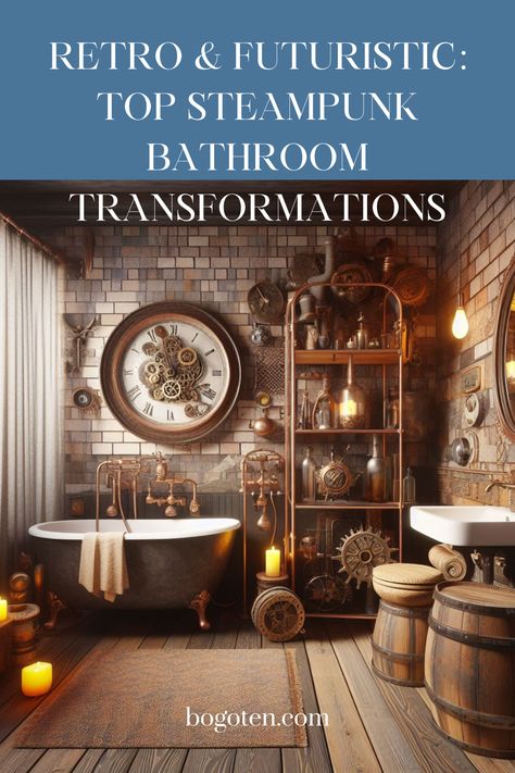 Immerse in a world where vintage charm meets industrial grit! Our curated list of Steampunk bathroom ideas is your ticket to transforming your ordinary bathroom into a whimsical Victorian-era haven. With a dash of mechanical magic, see how these unique designs redefine everyday spaces. Dive in now and fuel your imagination for your next remodeling project! Steampunk Bathroom Ideas, Retro Bathroom Ideas Vintage, Steam Punk Bathroom, Steampunk Bathroom Decor, Steampunk House Interiors, My Mechanical Romance, Steampunk Library, Steampunk Boy, Steam Punk Aesthetic