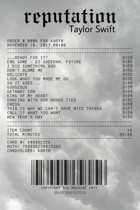 Reputation Album Cover Taylor Swift, Taylor Swift Reputation Receipt, Taylor Swift Receipt Ttpd, Midnight Tracklist Taylor Swift, Reputation Taylor Swift Aesthetic Poster, Midnights Taylor Swift Receipt, Midnights Receipt Taylor Swift, Taylor Swift Posters Reputation, Reputation Taylor Swift Aesthetic Lyrics