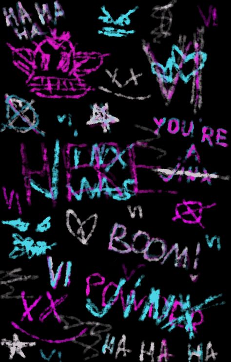 Black background with graffiti like scribbles in white, neon blue and pink. The theme is of the character Jinx from the TV-show Arcane on Netflix. Ekko League Of Legends, Powder Arcane, League Of Legends Poster, Get Jinx, Graffiti Pictures, Jinx Arcane, Jinx League Of Legends, League Of Legends Characters, Graffiti Wallpaper