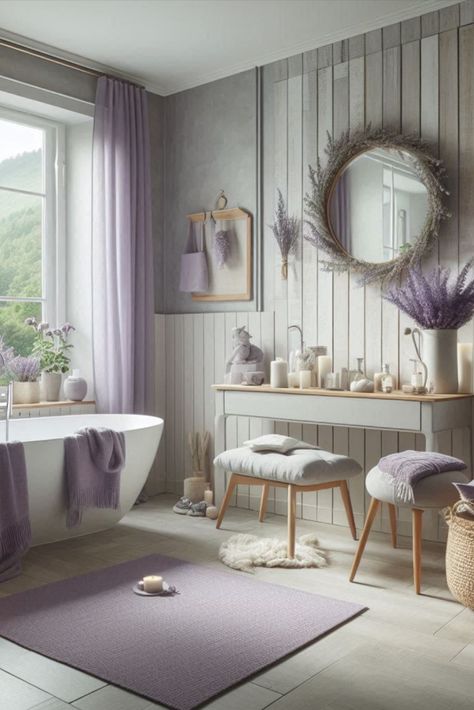 Relax in a sea of tranquility with this calming lavender and light grey palette. Soothing colors for your personal spa. #LavenderBathroom #CalmingColors Lavender And Green Bathroom, Light Purple Bathroom Ideas, Lavender Bathroom Ideas, Pastel Bathroom Ideas, Purple And Gray Bedroom Ideas, Purple And Gray Bedroom, Sea Of Tranquility, Pastel Bathroom, Lavender Bathroom