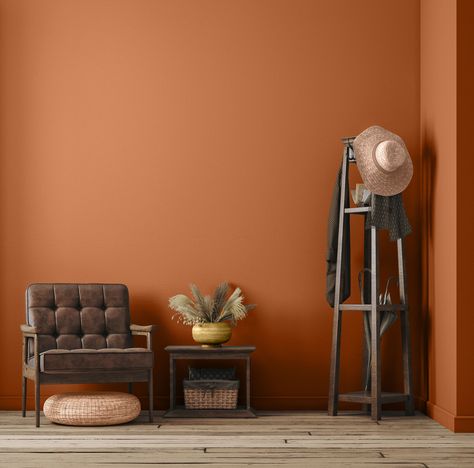 Learn how to incorporate this happy color into your home with tips and top paint picks from the pros. The best orange paint colors include peach, burnt orange, bright tangerine, and more. Tangerine Paint Color, Orange Paint Bathroom, Burnt Orange Behr Paint Colors, Light Orange Paint Walls, Burnt Orange Wall Color, Orange Accent Wall Office, Orange Office Interior, Best Orange Paint Colors, Orange Red Paint Colors