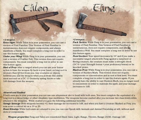 Fang and Talon. Magical hand axes. #dnd5e #dungeonsanddragons #homebrew #dndhomebrew #dnd Dnd Magic Axes, Dnd 5e Magic Axes, 5e Items, Warlock Dnd, Dm Tools, Dnd Paladin, Homebrew Items, Dungeons And Dragons Rules, Dnd Homebrew