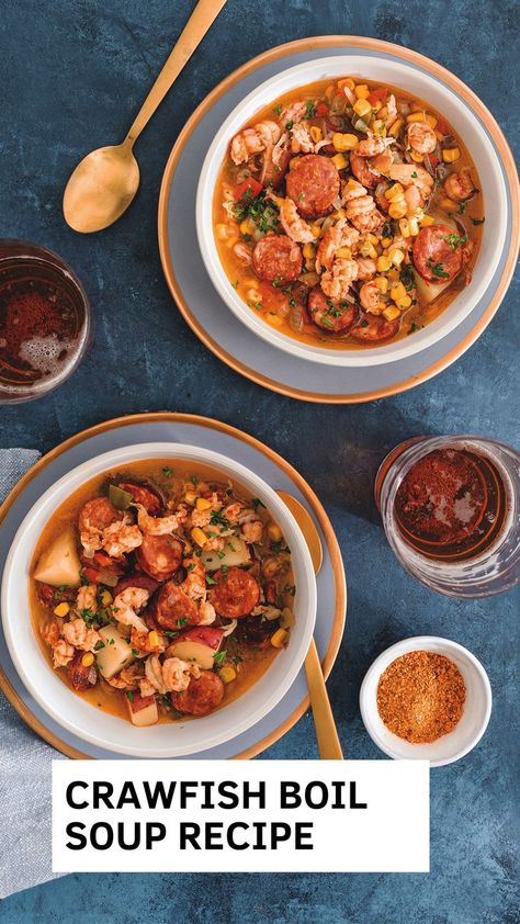 Two bowls of Tony Chachere's Crawfish Boil Soup After Boil Soup, Crawfish Boil Soup, Crawfish Soup, Cajun Ninja, Kitchen Seasoning, Cajun Creole Recipes, Seafood Recipes Healthy, Diner Recipes, Louisiana Recipes