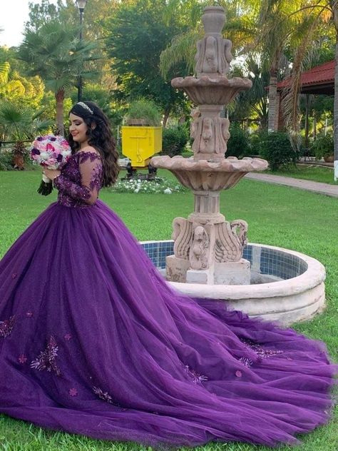 Plum Quinceanera Theme, Dark Purple Wedding Gown, Xv Dresses Purple, Quinceanera Dresses Dark Purple, Royal Purple Quinceanera Dresses, Dark Purple Quince Dresses, Dark Purple Quince, Quinceanera Dresses With Flowers, Dark Purple Quinceanera Theme