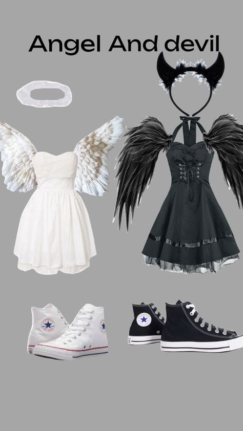 Angel And Demon Costume, Dark Angel And Devil Costume, Angle Outfit Halloween, Angel And Dark Angel Costume, Evil Angel Costume, Devil And Angle Halloween Costume, Devil And Angel Halloween Costumes, Black Skirt Halloween Costume Ideas, Dark And Light Angel Costume