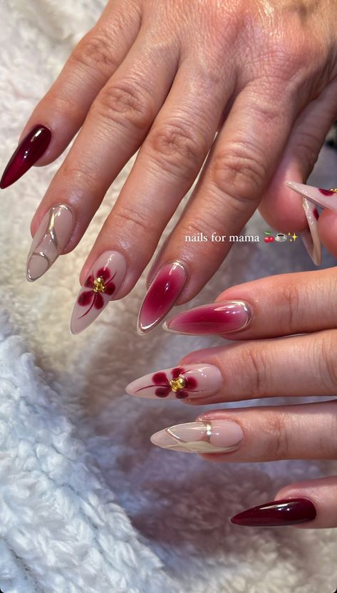 Tropical Nail Designs Almond, Birthday Gel X Nails, Airbrush Fall Nails, November Nail Inspo Almond, Builder Gel Designs, Jennie Kim Nails, Burgundy Almond Nails Design, November Acrylic Nails, Scorpio Nail Ideas