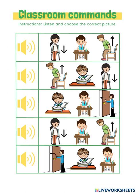 Listening Activities For Kids, Classroom Commands, Listening English, Listening Activities, Esl Classroom, Basic English, Classroom Language, English As A Second Language (esl), Kids Classroom