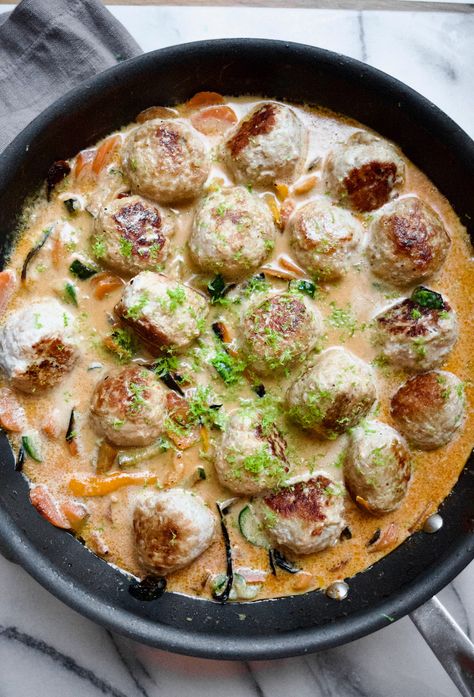 Coconut Curry Meatballs, Thai Coconut Curry, Curry Meatballs, Fusion Dishes, Thai Coconut, Lemon Tart, Coconut Curry, 30 Minute Meals, Fancy Restaurant