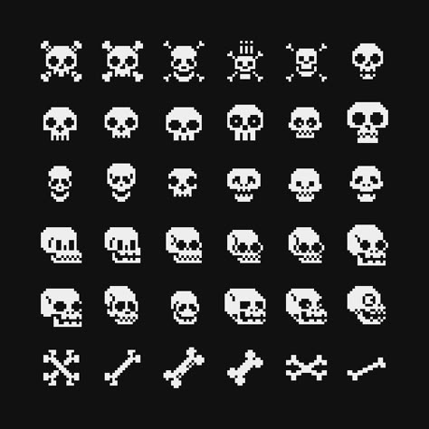 Tiny Pixel Art Templates, Pixel Art Creepy, Pixel Skeleton, Skeleton Pixel Art, Pixel Art Skull, Spooky Pixel Art, Goth Pixel Art, Skull Pixel Art, Minimalist Pixel Art