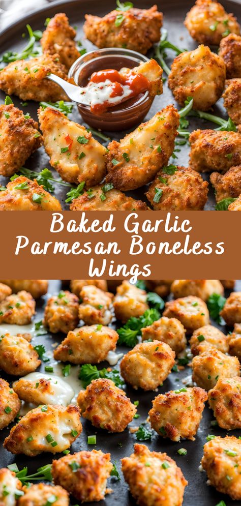 Baked Garlic Parmesan Boneless Wings | Cheff Recipes Baked Boneless Chicken Wings, Best Recipe For Chicken Wings, Easy Boneless Wings, Skinless Chicken Wings, What To Serve With Wings, Air Fryer Boneless Wings, Boneless Wings Recipe, Boneless Chicken Wings Recipe, Boneless Wing Recipes