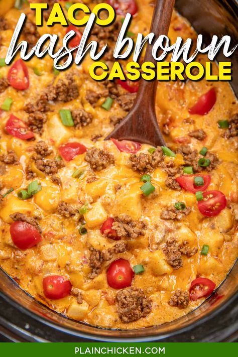 Crockpot Hashbrown Casserole, Plain Chicken Recipe, Slow Cooker Taco, Crock Pot Tacos, Hashbrown Recipes, Ground Beef Tacos, Slow Cooker Tacos, Plain Chicken, Hash Brown Casserole