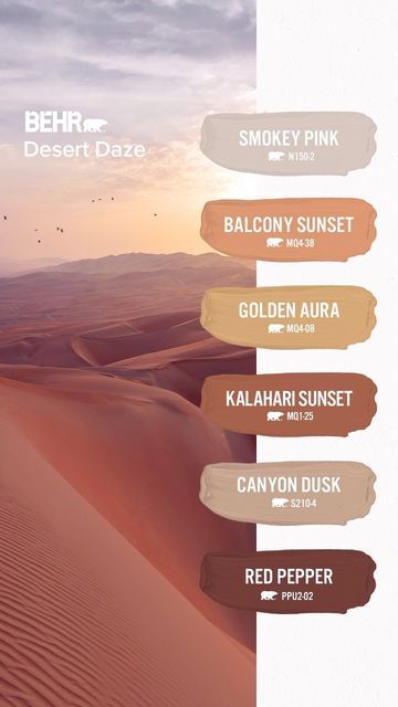 Behr Desert Colors, Desert Theme Paint Colors, Behr Canyon Dusk Painting, Kalahari Sunset Behr, Southwest Desert Color Palette, Western Living Room Color Scheme, Behr Sand Paint Colors, Desert Home Paint Colors, Desert Bedroom Colors