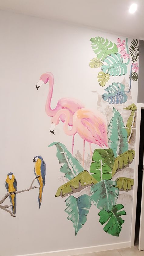 Monstera Mural, Paint Flamingo, Flamingo Mural, Mural Jungle, Creative Wall Painting, Art Wall Painting, Coffee Painting, Flamingo Art, Tropical Foliage