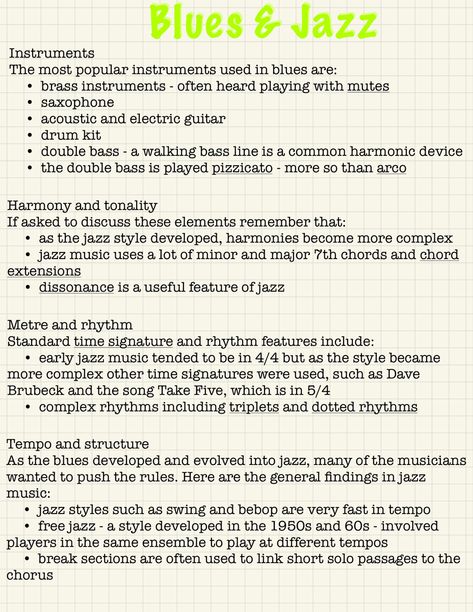 Music Gcse, Gcse Music, Gcse Notes, Jazz Instruments, Gcse Revision, Brass Instruments, Revision Notes, Double Bass, Blues Music