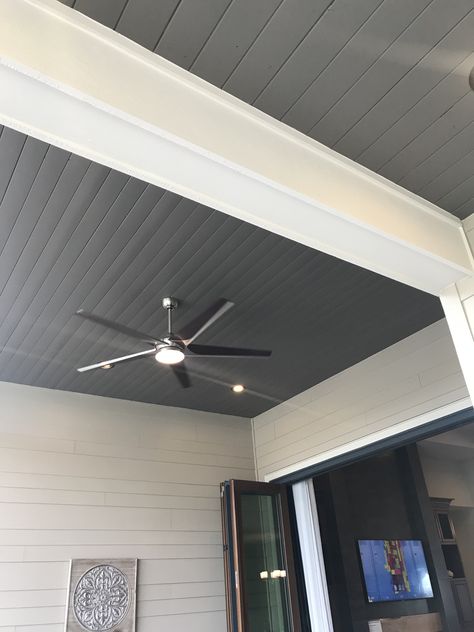 Black Patio Ceiling, Porch Ceiling Black, Accent Ceiling Ideas, Ceiling Renovation, Patio Ceiling Ideas, Deck Ceiling, Patio Ceiling, Exterior Materials, White Deck