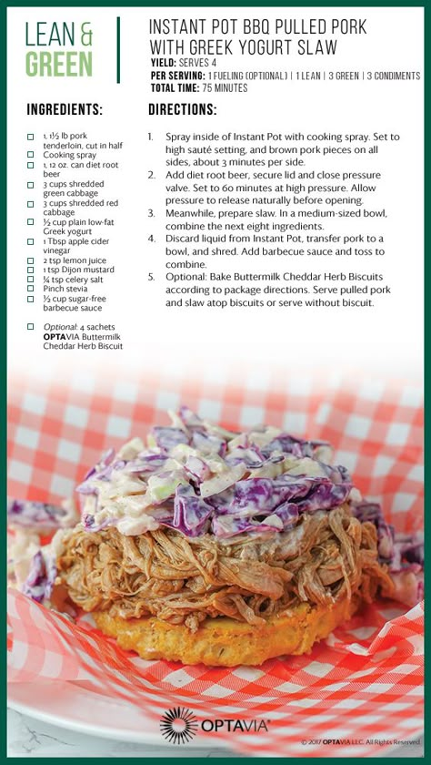 Instant Pot BBQ Pulled Pork with Greek Yogurt Slaw Outer Aisle Sandwich Thins Optavia, Optavia 30, Lean Dinners, Optivia Recipes, Fueling Hacks, Medifast Recipes, Lean Protein Meals, Optavia Recipes, Lean And Green