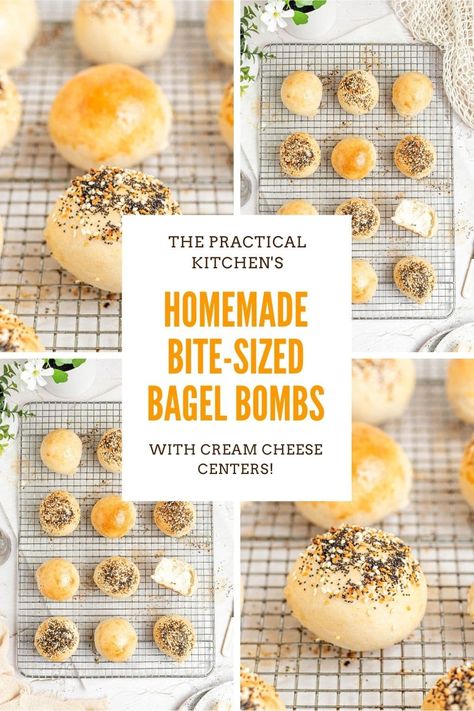 homemade bite sized bagel bombs stuffed with cream cheese Cream Cheese Stuffed Bagel Bites, Stuffed Bagel Balls, Bagel Bombshell, Cream Cheese Stuffed Bagels, Easy Bagels Recipe Homemade, Homemade Bagel Bites, Stuffed Bagel Bites, Bagels Recipe Homemade, Stuffed Bagels