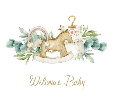 Premium Photo | Watercolor illustration card hello baby with eucalyptus wreath and wood horseIsolated on white Baby Print Art, Idee Babyshower, Baby Art Projects, Floral Cards Design, Drawing Clipart, Baby Album, Hello Baby, Baby Card, Welcome Baby