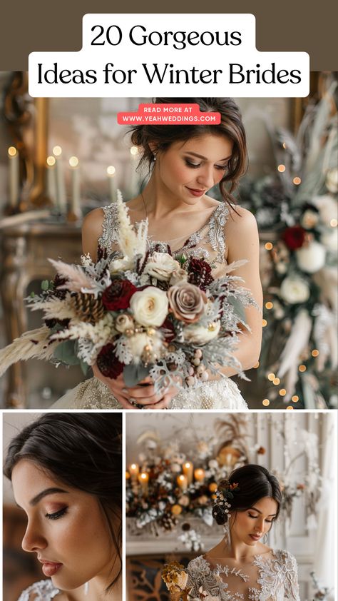 A stunning winter bride in an elegant dress holding a seasonal bouquet, surrounded by cozy decor and a stunning winter wonderland venue. Winter Wedding Dress Bride, Winter Solstice Wedding Ideas, Winter Woods Wedding, Early December Wedding, Winter Color Palette Wedding, Winter Wedding Vibes, Gothic Winter Wedding, Winter Wedding Decorations Wonderland, Winter Micro Wedding