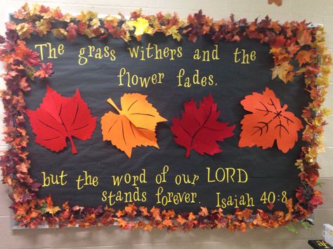 Fall Fellowship Hall Decor, Harvest Decorations For Classroom, Fall Bulletin Boards Christian School, Christian Fall Decor Diy, Fall Vbs Ideas, Fall Bible Class Bulletin Boards, Sunday School Fall Bulletin Boards, Fall Jesus Quotes, Church Fall Bulletin Board Ideas