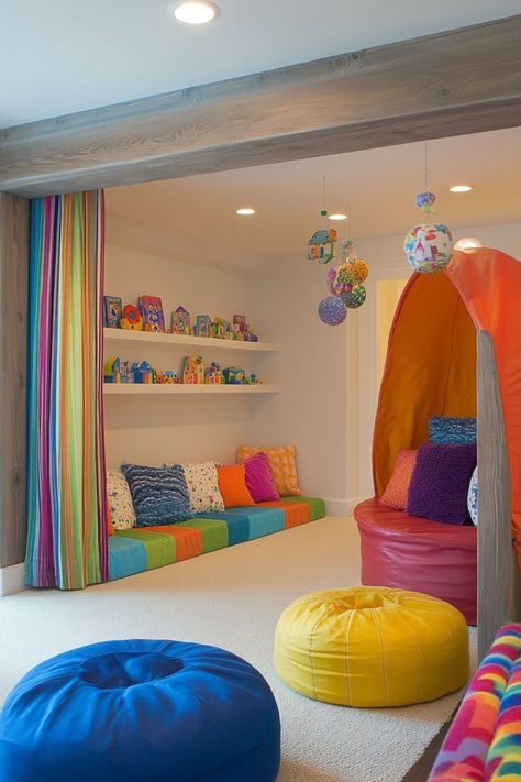 Create a fun and vibrant playroom for your kids with bold colors, interactive elements, and plenty of storage. Use bright wall decals, playful furniture, and a reading nook to spark imagination and creativity. Don’t forget to add storage solutions like bins or shelves to keep toys organized! 🎨🧸 Playroom Bright Colors, Basement Sensory Room, Playground Room, Space Playroom, Playful Furniture, Kids Nook, Kids Church Rooms, Loft Playroom, Indoor Playroom